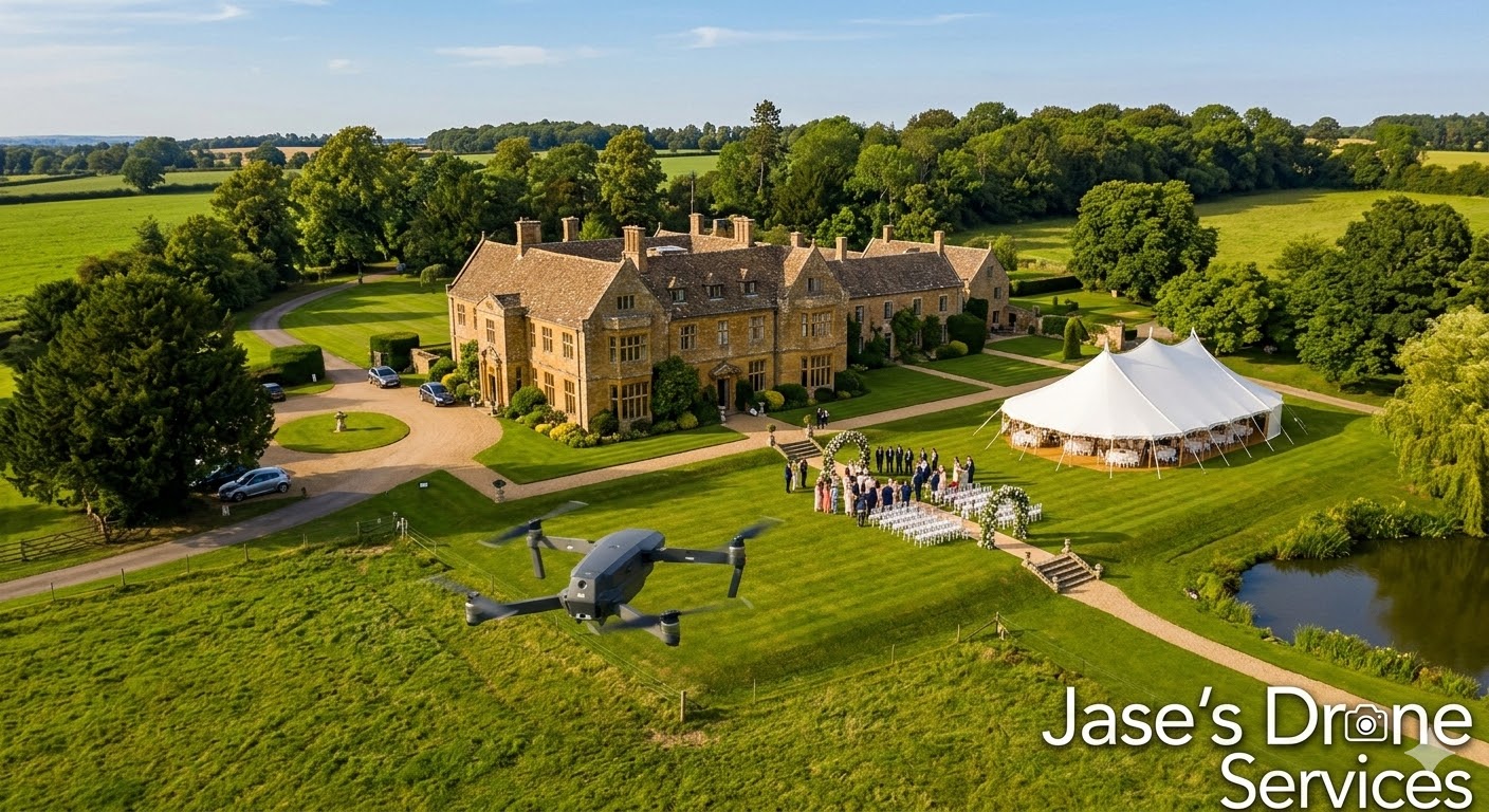 Drone over a large English estate wedding
